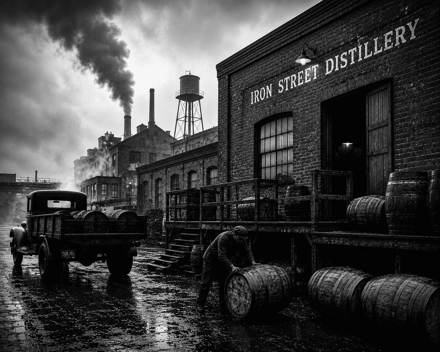 Iron Street Distillery interior with tables and industrial lighting